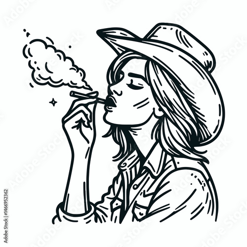 Cowgirl Spitting tobacco. Western cowgirl Outline Clipart line art doodle vector illustration. Ranch woman expectorating chew rural west persona rustic habit untamed female.