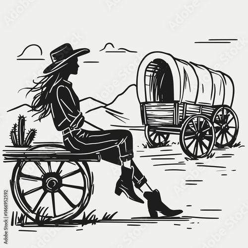 Cowgirl Sitting by wagon wheel. Western cowgirl Outline Clipart line art doodle vector illustration. female relaxing at cart circle rural ranch vista rodeo vogue frontier icon.