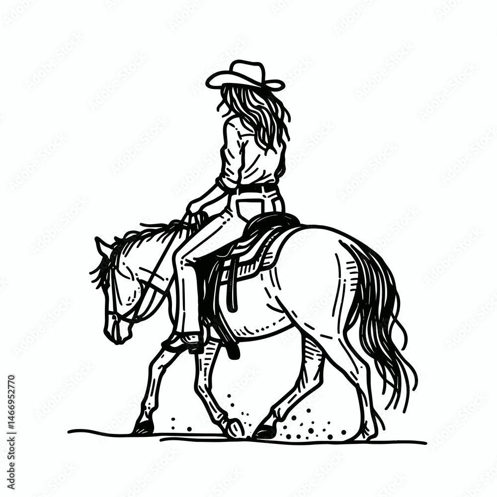Obraz premium Cowgirl Saddling up. Western cowgirl Outline Clipart line art doodle vector illustration. female equestrian getting ready mounting animal for ranch routine.