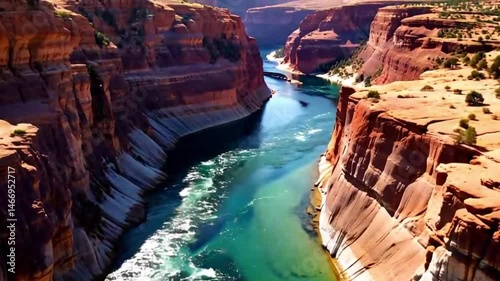 Top-Down and Dynamic Drone Views of a River Cutting Through Majestic Canyon Landscapes with Expansive Horizon Reveal