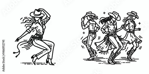 Cowgirl Saloon dancing. Western cowgirl Outline Clipart line art doodle vector illustration. tavern dance country nightlife entertainment female party revelry.
