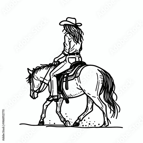 Cowgirl Saddling up. Western cowgirl Outline Clipart line art doodle vector illustration. female equestrian getting ready mounting animal for ranch routine.