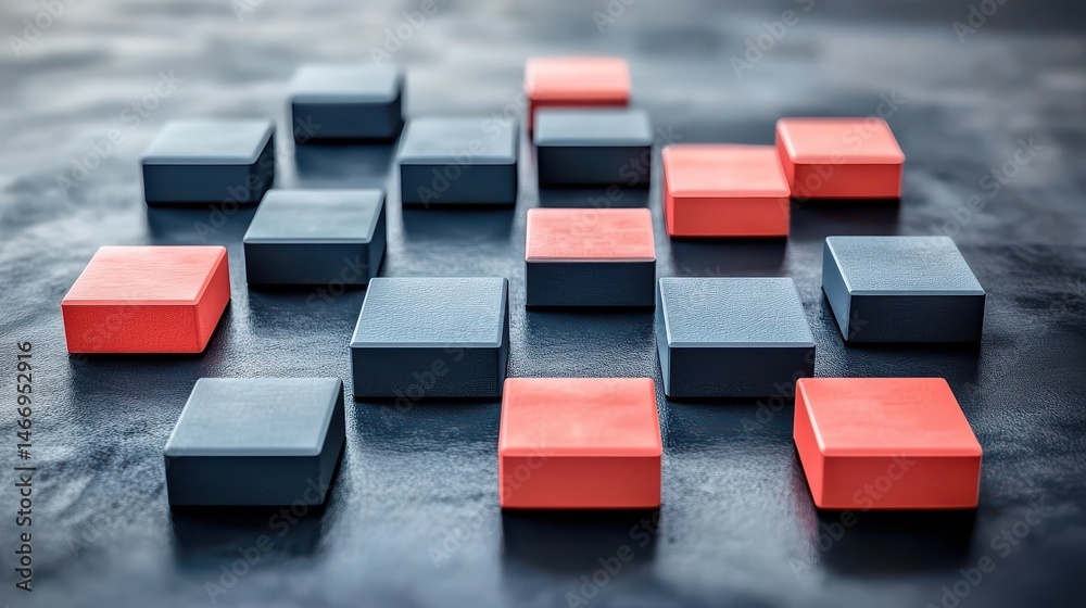 Obraz premium Colorful geometric blocks arranged in a modern flat lay composition on a dark textured surface for creative projects