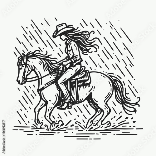 Cowgirl Riding in rain. Western cowgirl Outline Clipart line art doodle vector illustration. female astride steed bracing deluge rural journey storm.