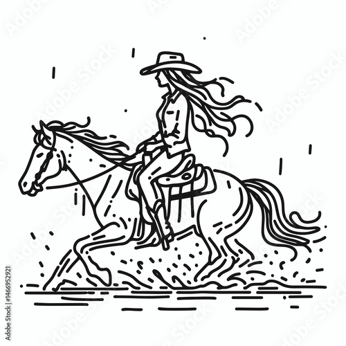 Cowgirl Riding in rain. Western cowgirl Outline Clipart line art doodle vector illustration. woman mounted roaming during a downpour equestrian lifestyle.