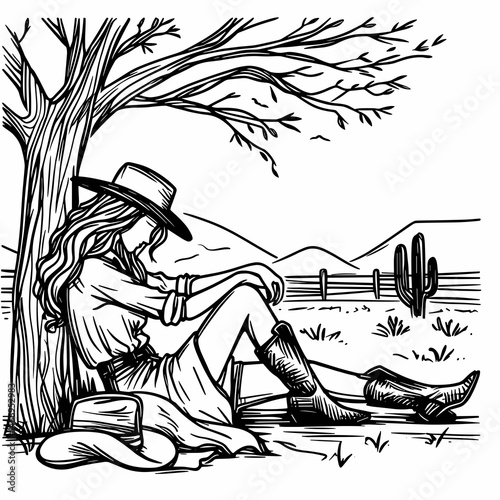 Cowgirl Resting under tree. Western cowgirl Outline Clipart line art doodle vector illustration. Female rancher taking shade beneath woodland flora serene rural tableau.