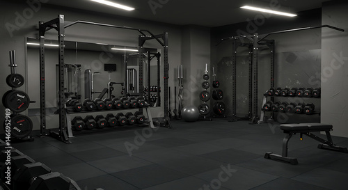 A barbell rests on gym equipment in the empty indoor fitness room