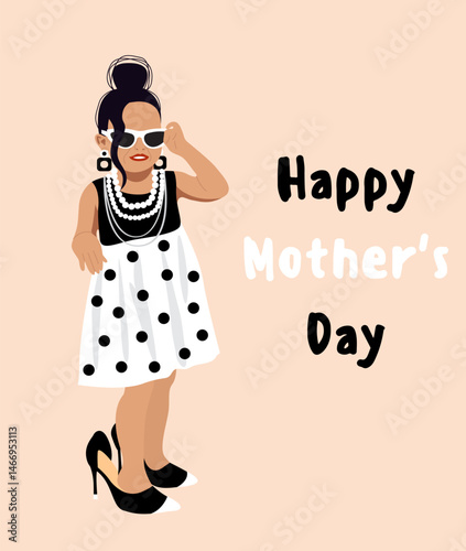 Illustration of daughter on light pink background. Greeting card for a happy mother's day.