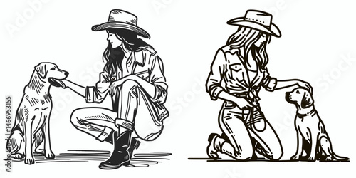 Cowgirl Petting a dog. Western cowgirl Outline Clipart line art doodle vector illustration. Ranch woman stroking canine companion genre portrayal idyllic bond.