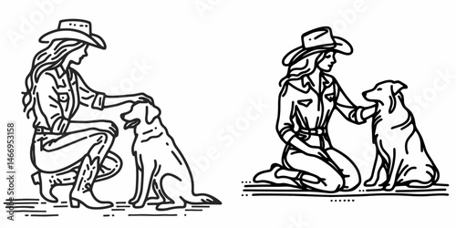 Cowgirl Petting a dog. Western cowgirl Outline Clipart line art doodle vector illustration. Ranch maiden stroking canine country woman caring for puppy friend.