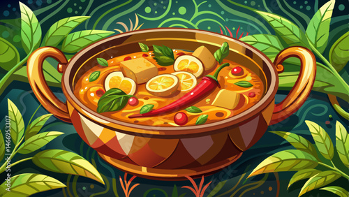 Vegetable curry in copper bowl, Indian cuisine elegance