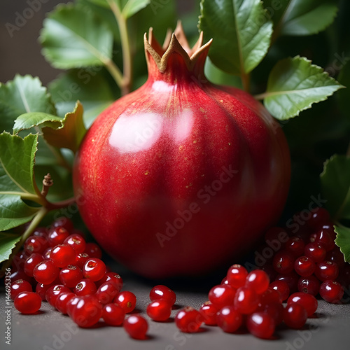 Ripe pomegranate fruit on a old black wooden vintage background selective focus.