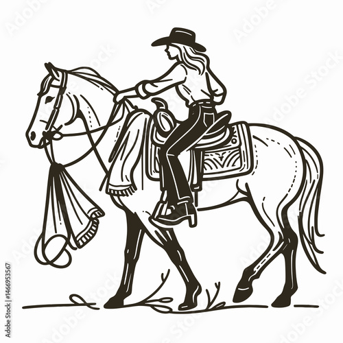 Cowgirl Lifting saddle onto horse. Western cowgirl Outline Clipart line art doodle vector illustration. woman hoisting riding gear upon equine ranch theme equestrian activity.