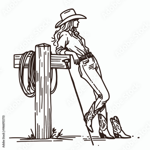 Cowgirl Leaning on hitching post. Western cowgirl Outline Clipart line art doodle vector illustration. Female rancher resting at wooden horse tether persona concept.