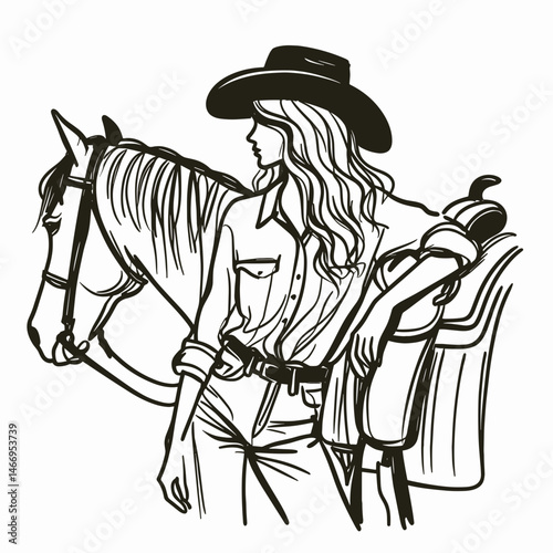 Cowgirl Leaning on horse. Western cowgirl Outline Clipart line art doodle vector illustration. Ranch female resting beside equine life rustic vigor.