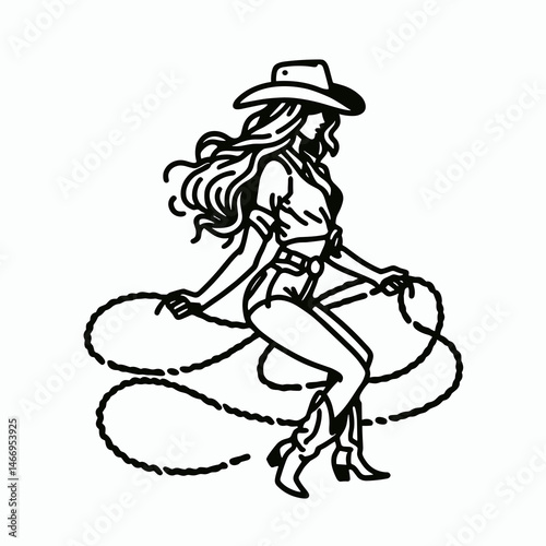 Cowgirl Lasso swinging. Western cowgirl Outline Clipart line art doodle vector illustration. woman twirling loop ranch lifestyle rural rodeo skill rope whirling motion.