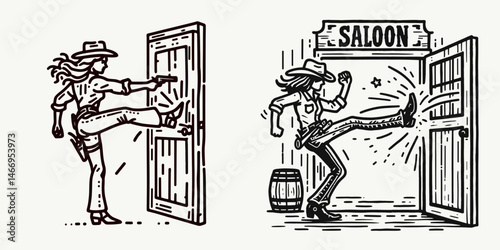 Cowgirl Kicking open saloon door. Western cowgirl Outline Clipart line art doodle vector illustration. Female rancher entering tavern by foot concept with powerful action.