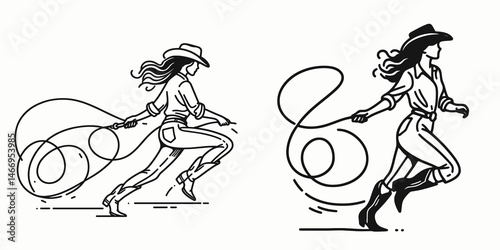 Wallpaper Mural Cowgirl Lasso swinging. Western cowgirl Outline Clipart line art doodle vector illustration. female performer twirling cord rodeo action ranch vocation. Torontodigital.ca