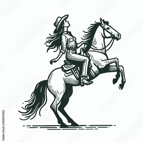 Cowgirl Horse rearing. Western cowgirl Outline Clipart line art doodle vector illustration. woman jockey mount jump steed rising equestrian lifestyle theme.