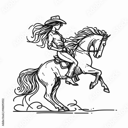 Cowgirl Horse rearing. Western cowgirl Outline Clipart line art doodle vector illustration. Equestrian female rider equine raising up frontier vista spirited mustang.