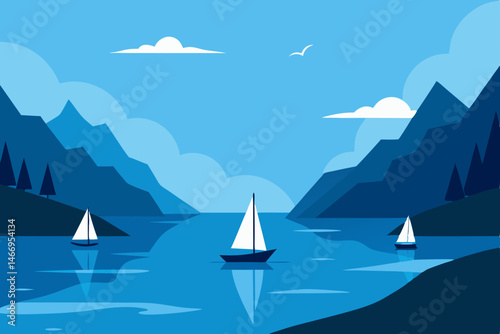 peaceful fjord landscape with sailboats drifting 