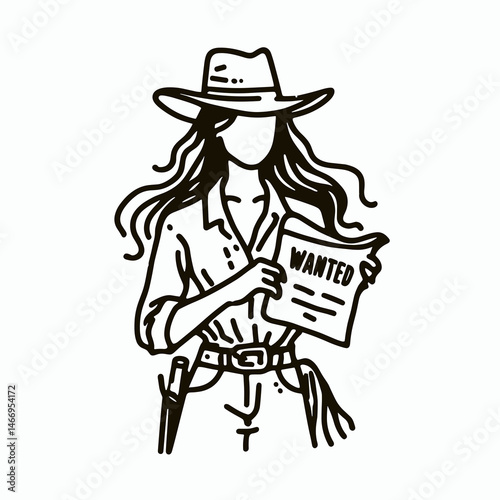 Cowgirl Holding wanted poster. Western cowgirl Outline Clipart line art doodle vector illustration. Female rancher displaying outlaw notice old west vintage paper prop.