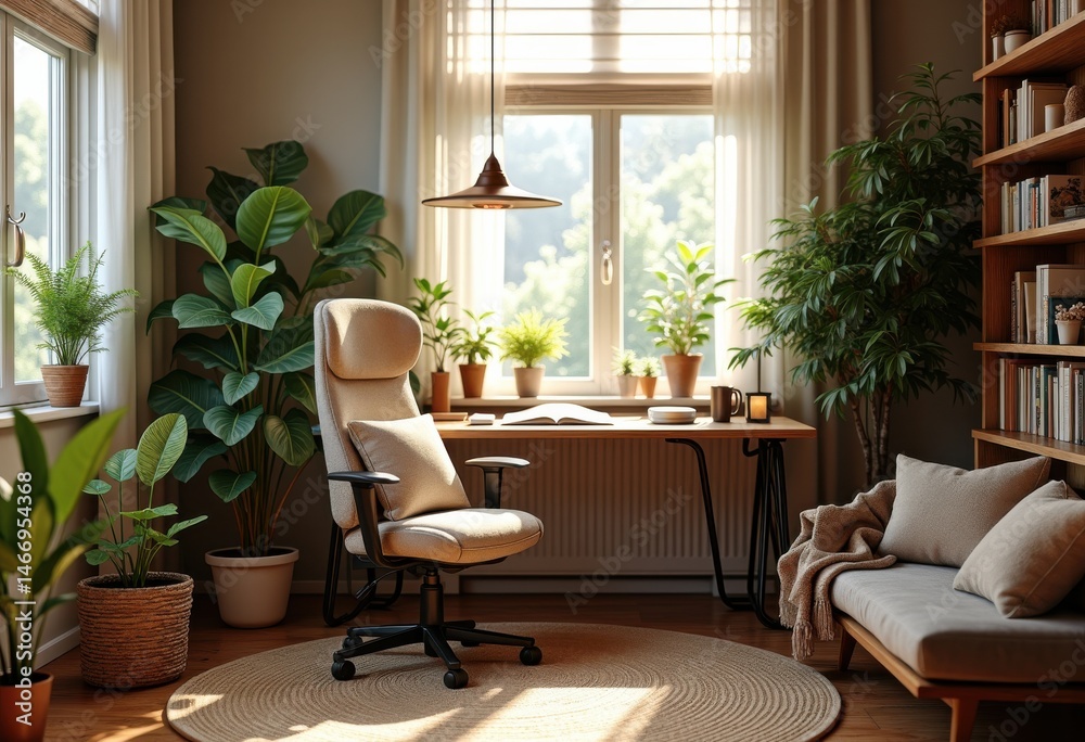 cozy home office setup green plants comfortable workspace hygge decor natural light focused environment, desk, chair, laptop, greenery, garden, design cozy home office setup green plants comfortable workspace hygge decor natural light focused environment, desk, chair, laptop, greenery, garden, design