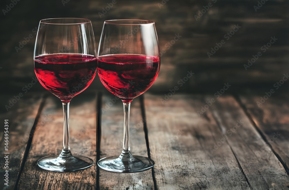 Artistic close-up of swirling red wine in clear glasses resting on a rustic wooden table, captured in soft indoor lighting for a moody, romantic atmosphere perfect for dining or wine tasting settings.