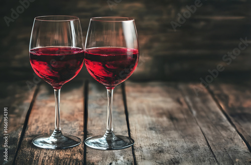 Obraz na płótnie Artistic close-up of swirling red wine in clear glasses resting on a rustic wooden table, captured in soft indoor lighting for a moody, romantic atmosphere perfect for dining or wine tasting settings. w salonie