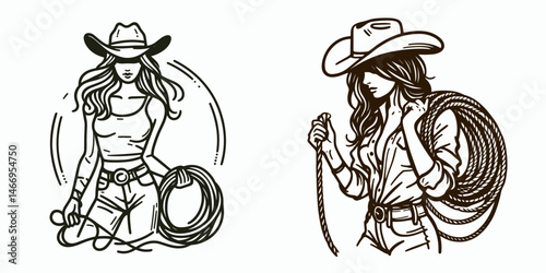 Cowgirl Holding rope coil. Western cowgirl Outline Clipart line art doodle vector illustration. woman rancher gripping loop twist rural lifestyle theme equestrian sport.