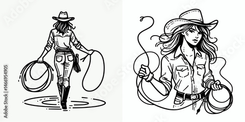 Cowgirl Holding lasso ready. Western cowgirl Outline Clipart line art doodle vector illustration. Ranch girl twirling coil prepared wild west rodeo performer.