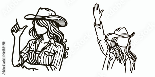 Cowgirl Hand raised to signal. Western cowgirl Outline Clipart line art doodle vector illustration. woman gesturing arm lifted high indication symbol equestrian theme.