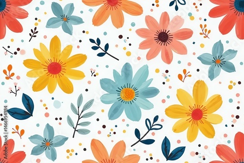 Wallpaper Mural Cheerful hand-painted seamless floral pattern with confetti-like blooms in coral, daffodil yellow, turquoise, sky blue, and strawberry pink on a white background.  Torontodigital.ca