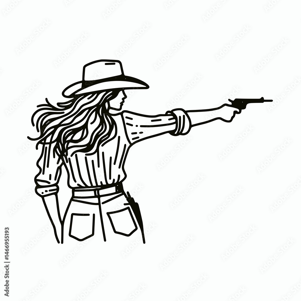 custom made wallpaper toronto digitalCowgirl Facing off in duel. Western cowgirl Outline Clipart line art doodle vector illustration. Woman champion battling rival showdown old frontier challenge.