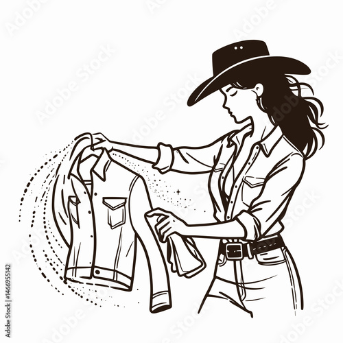 Cowgirl Dusting off clothes. Western cowgirl Outline Clipart line art doodle vector illustration. Ranch woman removes grime from garment rustic country living theme.