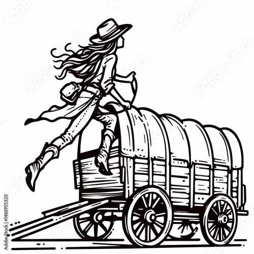 Cowgirl Climbing onto wagon. Western cowgirl Outline Clipart line art doodle vector illustration. maiden ascending freight car rustic venture equestrienne transport theme.