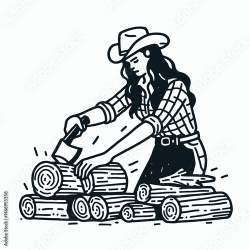 Cowgirl Chopping wood. Western cowgirl Outline Clipart line art doodle vector illustration. woman lumberjack wielding axe felling tree rustic lifestyle timber work.