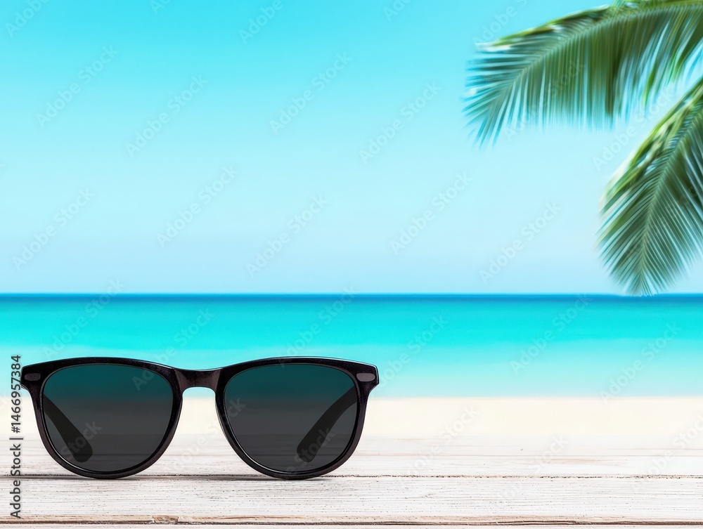 Sunglasses on a wooden surface with turquoise ocean, blue sky, and palm leaves in a tropical beach setting. Sunglasses on a wooden surface with turquoise ocean, blue sky, and palm leaves in a tropical beach setting.