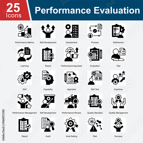 Performance Evaluation is a collection of icons focused on measuring and assessing individual and team performance, skill development, goal achievement, and quality standards to improve overall result