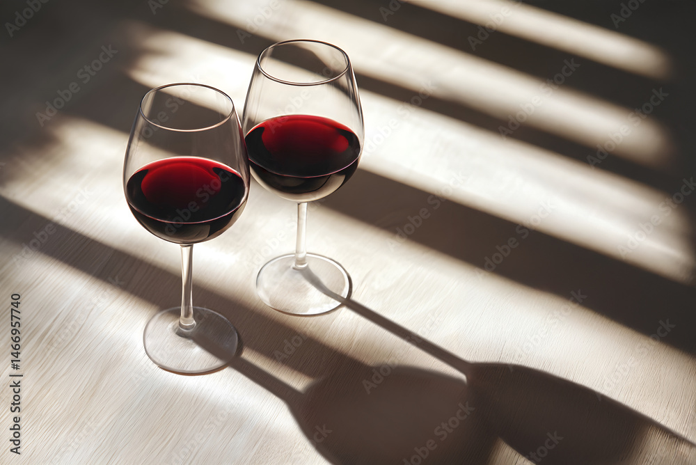 Minimalist scene of two red wine glasses resting on clean wooden surface with soft lighting and shadows, designed to evoke calm elegance in modern indoor dining or tasting environments.