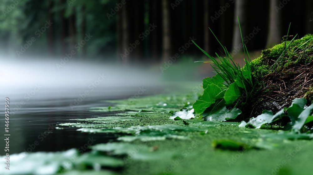 Fototapeta premium Misty forest lake edge, vibrant green vegetation