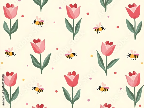 Flat Vibrant Easter tulips and bees seamless tile pattern with lively spring elements concept as Lively spring elements like vibrant Easter tulips and bees create seamless tile pat Clean Pro