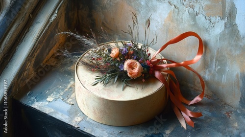 Delicate floral gift in a round box with feathers and ribbons--Valentine's Day style.