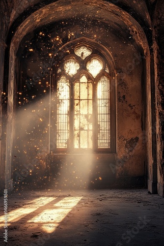 Sunlight streams through ancient window
