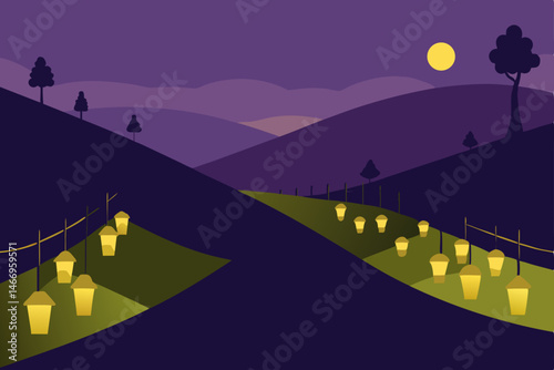 peaceful hillside vineyard at dusk with lanterns