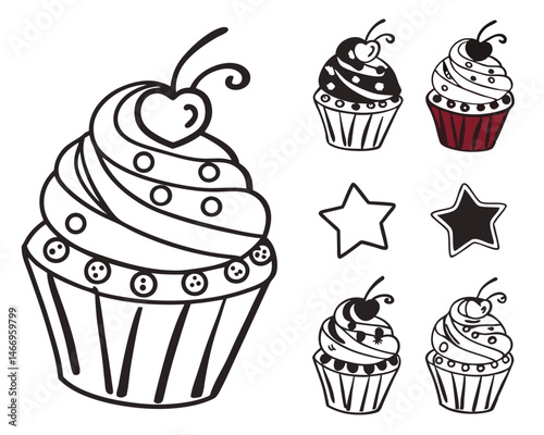 A cute vector illustration shows a set of delicious chocolate cupcakes and a set of pink strawberry cakes, perfect for a sweet birthday party celebration