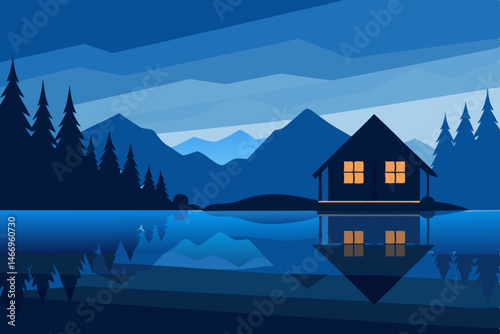 peaceful lake cabin reflecting in still water 