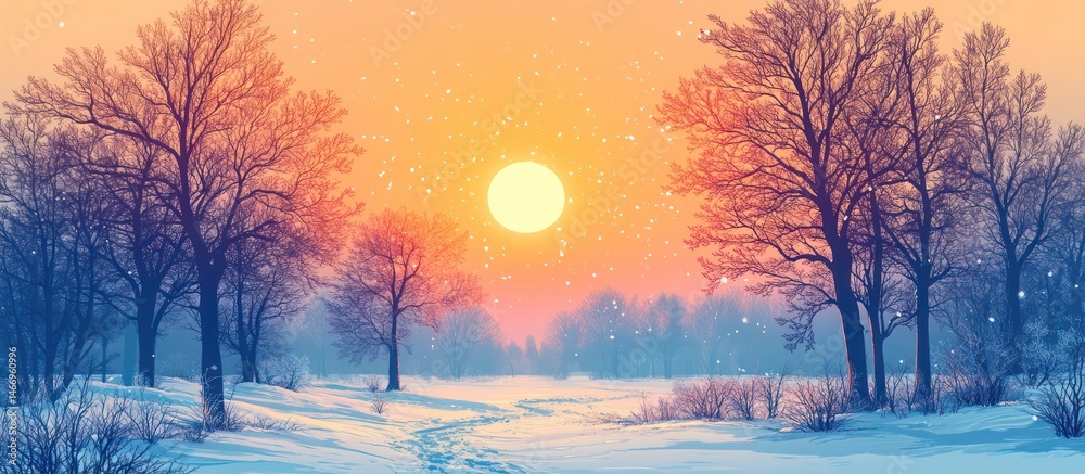 Naklejka premium Winter Landscape with Snow and Sun