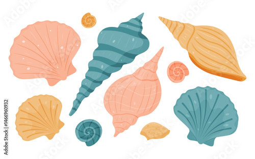 Set of pastel sea shells in soft colors, isolated on white background