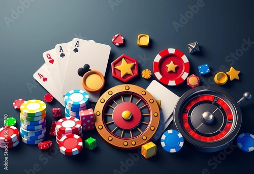 Set of colorful gambling icons including poker chips, cards, dice, roulette wheel, slot machine symbols , game, gambling